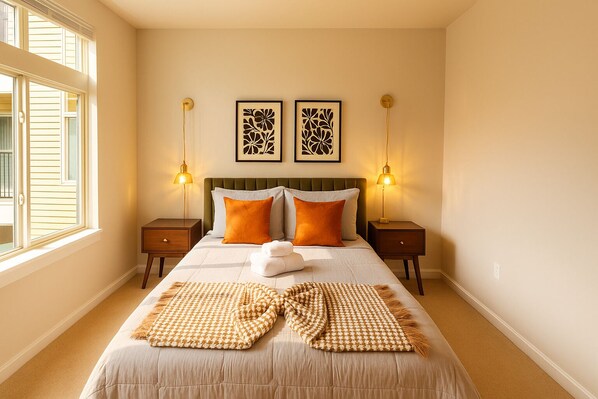 Een slaapkamer met een bed, twee nachtkastjes, twee wandlampen en twee kunstwerken met bloemen in een lijst.