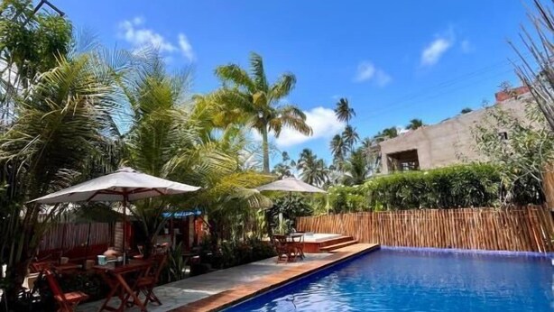 A swimming pool with wooden deck, palm trees, and outdoor furniture. - Jimbaran Pousada & Bistrot (Maragogi)