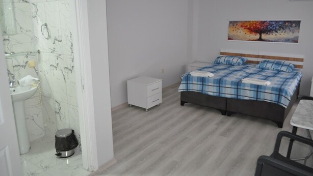 A bedroom with a bed, a bedside table, a small white dresser, a painting on the wall, and a bathroom with a sink and toilet. - Bulut Gaye Pansiyon  (Edirne)