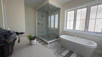 Une salle de bain moderne dotée d’une douche à parois de verre, d’une baignoire sur pieds et d’une grande fenêtre laissant entrer la lumière naturelle.