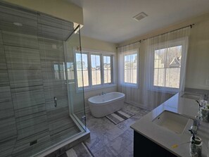 Une salle de bain dotée d’une douche à parois de verre, d’une baignoire sur pieds et d’un meuble-lavabo.