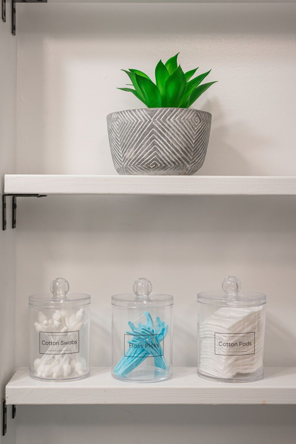 A shelf with a potted plant, three labeled containers with cotton swabs, floss picks, and cotton pads.