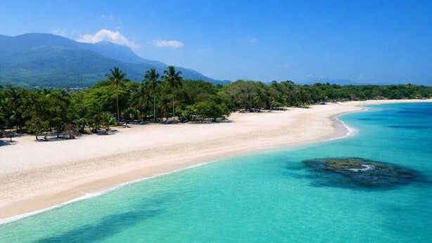 Una playa con aguas turquesas cristalinas, palmeras y una montaña al fondo.