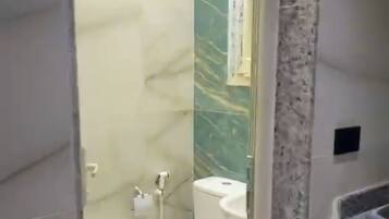 Shower, towels, soap, toilet paper