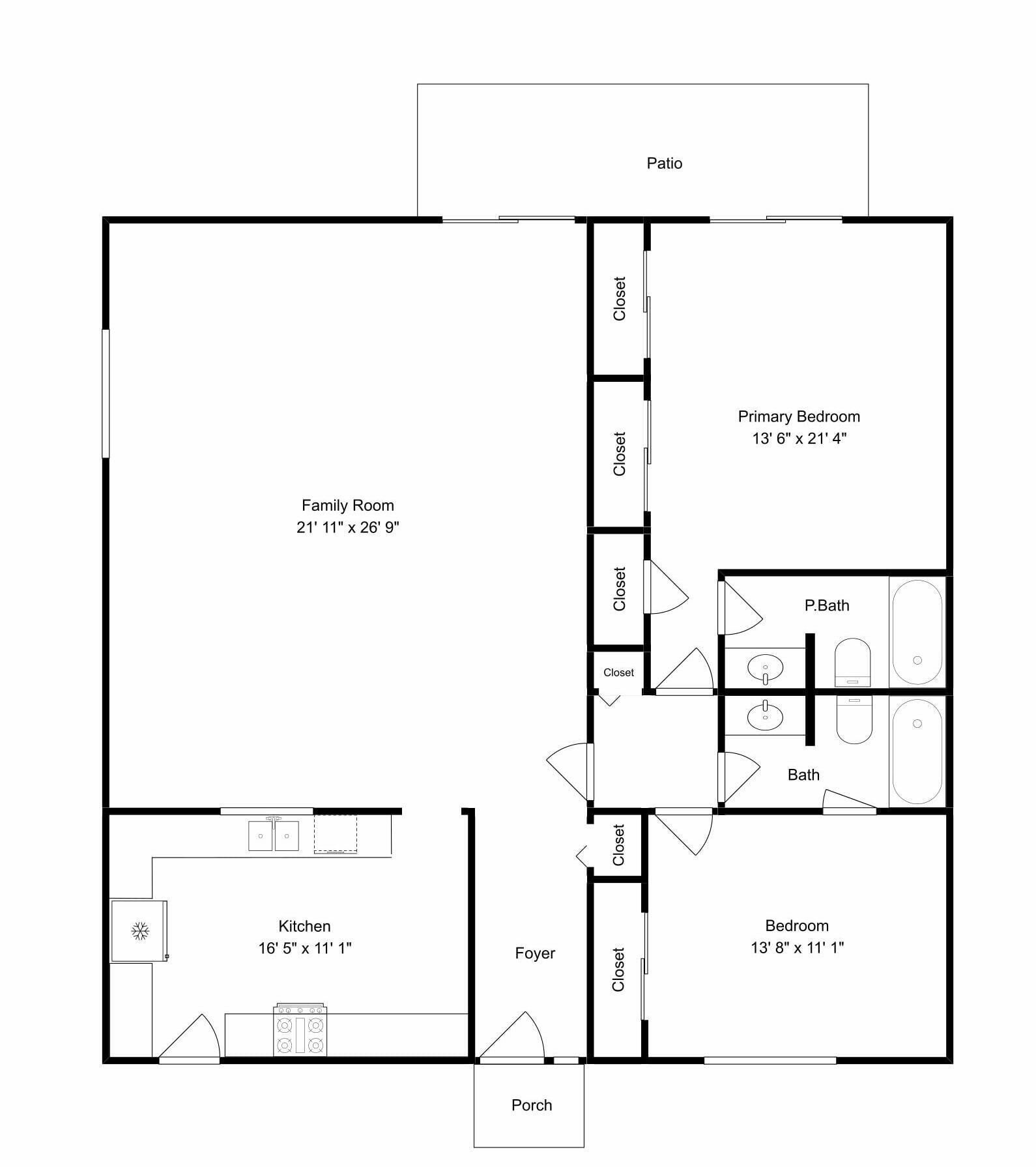 Een plattegrond met een familiekamer, keuken, slaapkamer, badkamer, hal en terras.