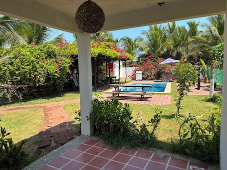 A covered outdoor area with a pool, garden, and seating.. Zana Town Bungalows