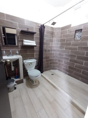 A bathroom with a toilet, sink, shower, and tiled walls. - Zana Town Bungalows (Barra de Potosi)