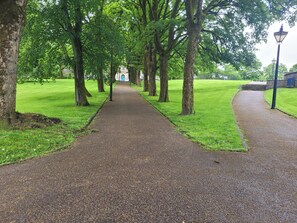 Een verhard pad, omzoomd door bomen in een park.