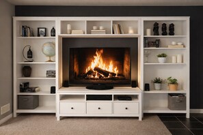 Een moderne woonkamer met een open haard, witte planken met boeken en decoratieve objecten, en een wereldbol aan de linkerkant.