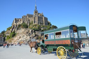 A historic building with a prominent tower, a green carriage with yellow wheels, and a horse. - Le Chalet de la Baie (PLEINE FOUGERES)