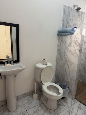 A bathroom with a sink, toilet, and shower area.