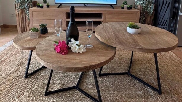A room with a TV displaying a beach scene, two round tables with drinks, and decorative plants. - LARIMAR APARTMENT (Saint Martin)