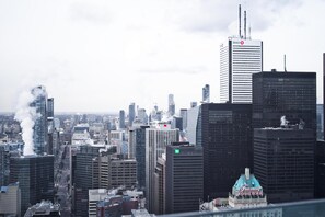 Un paisaje urbano con edificios modernos y altos, incluyendo un imponente rascacielos del BMO Bank of Montreal.