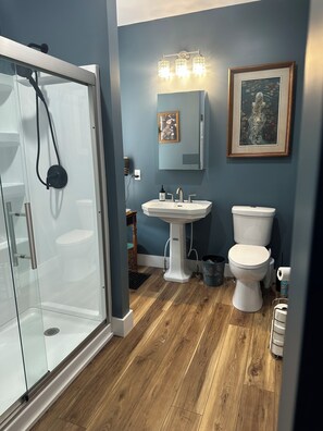 A bathroom with a glass shower enclosure, a pedestal sink, a toilet, and a framed artwork on the wall. - Verbena Executive Cottage (Morris)