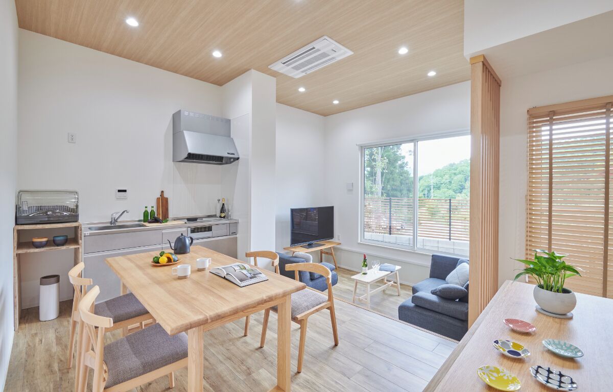 A modern kitchen with a built-in stove, a dining area with a wooden table and chairs, a sofa, and a TV.