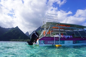 A boat with a Suzuki outboard motor, a covered seating area, and the text 'Tepoeanui' and 'Paris 2024' on its side.