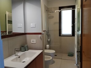 Baño con lavabo, inodoro, ducha y ventana.