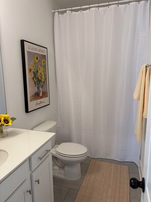 Jetted bath, hair dryer, towels, soap