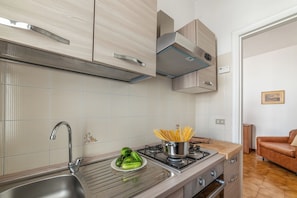A modern kitchen with a stainless steel sink, a gas stove, and a built-in oven. - Leuca Relax&Sea n.3C, Castrignano del Capo, Italy (Castrignano del Capo)