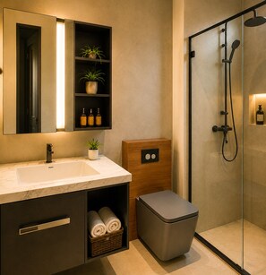 Shower, hair dryer, bidet, towels - TUNA Hiriketiya  King Room 813 (Dickwella)