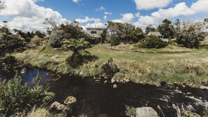 Een woonwijk met een huis, omgeven door een natuurlandschap, inclusief een beekje en verschillende bomen.