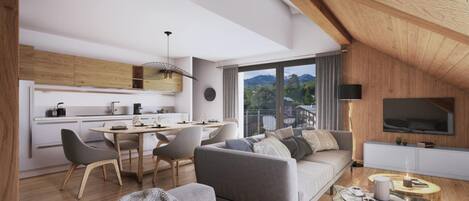 Un loft moderno con cocina, comedor y sala de estar.
