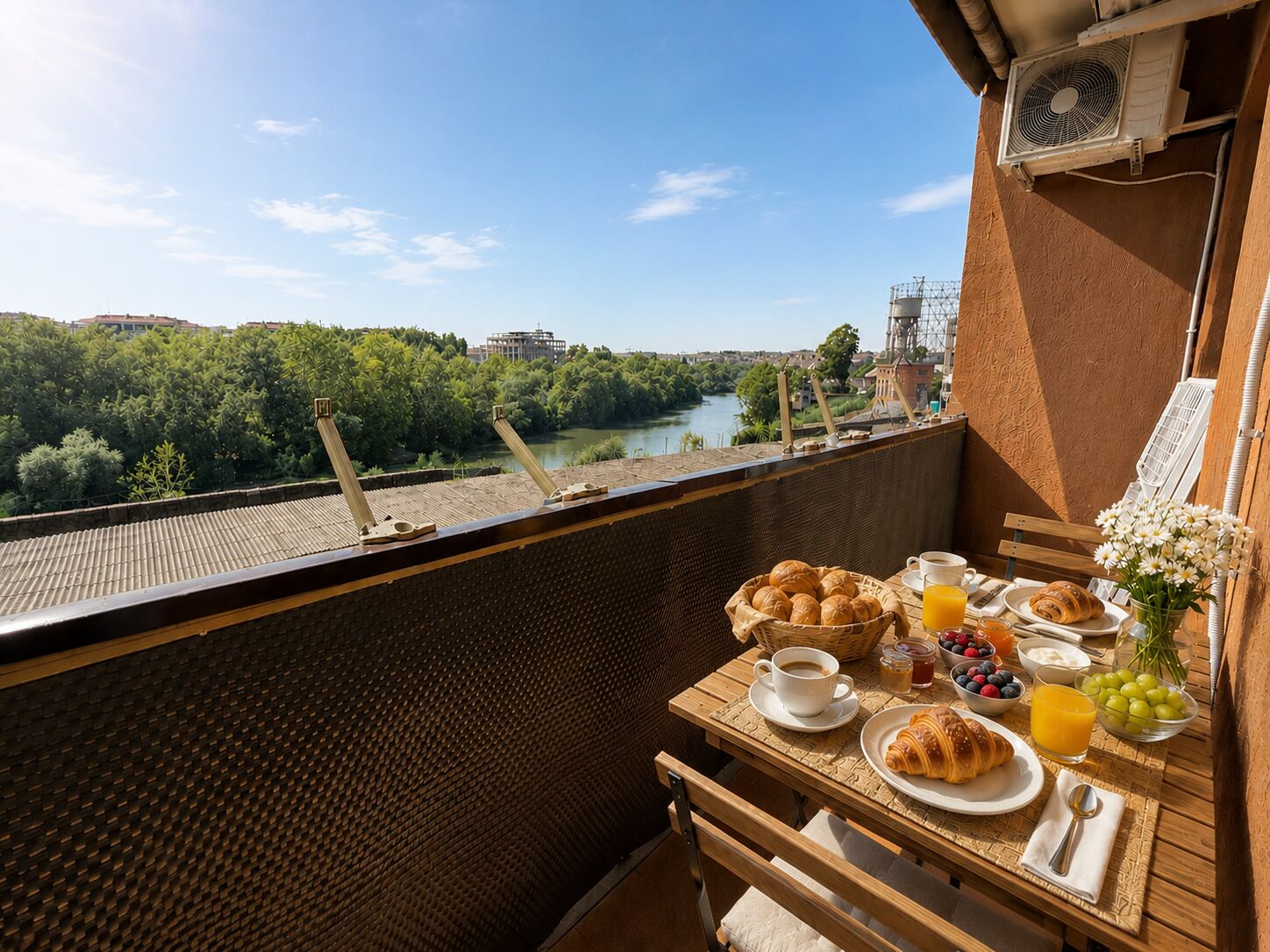 A balcony with a table set for breakfast, overlooking a river and greenery.