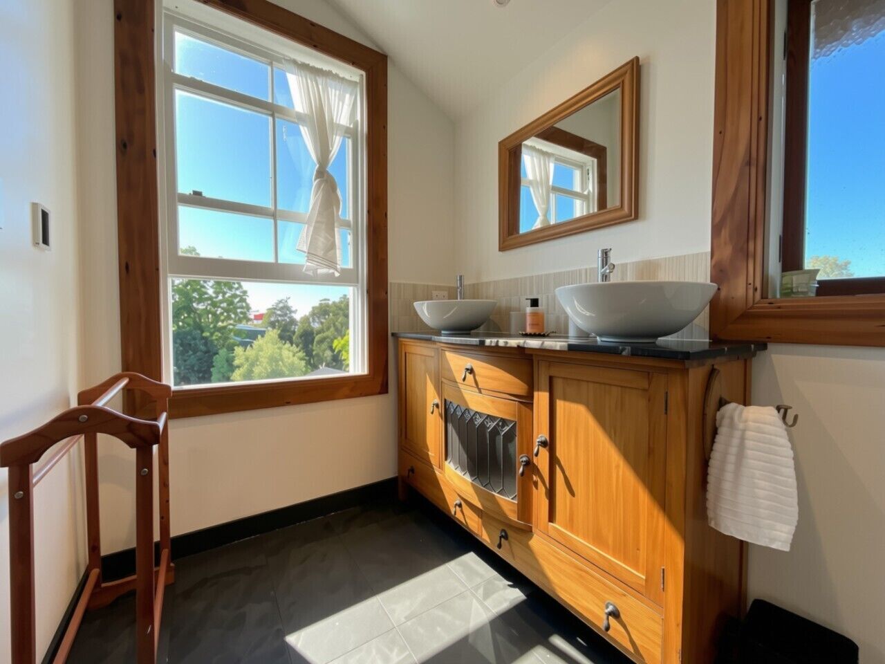 A bathroom with a wooden vanity, two sinks, a mirror, and a window with curtains.