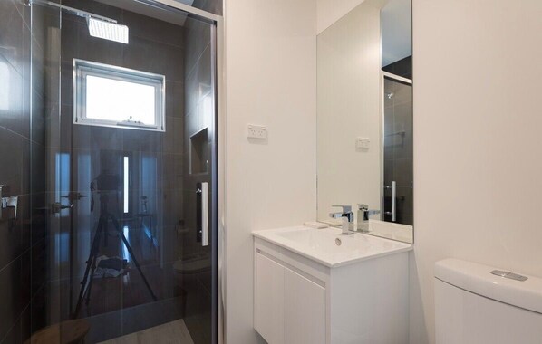 A modern bathroom with a glass shower enclosure, a white sink, and a large mirror.