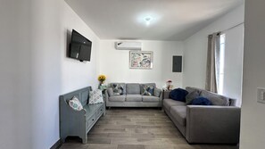 Ein Wohnzimmer mit zwei grauen Sofas, einem Flachbildfernseher, einer Klimaanlage, einem Blumenbild und einem Fenster mit Vorhängen.