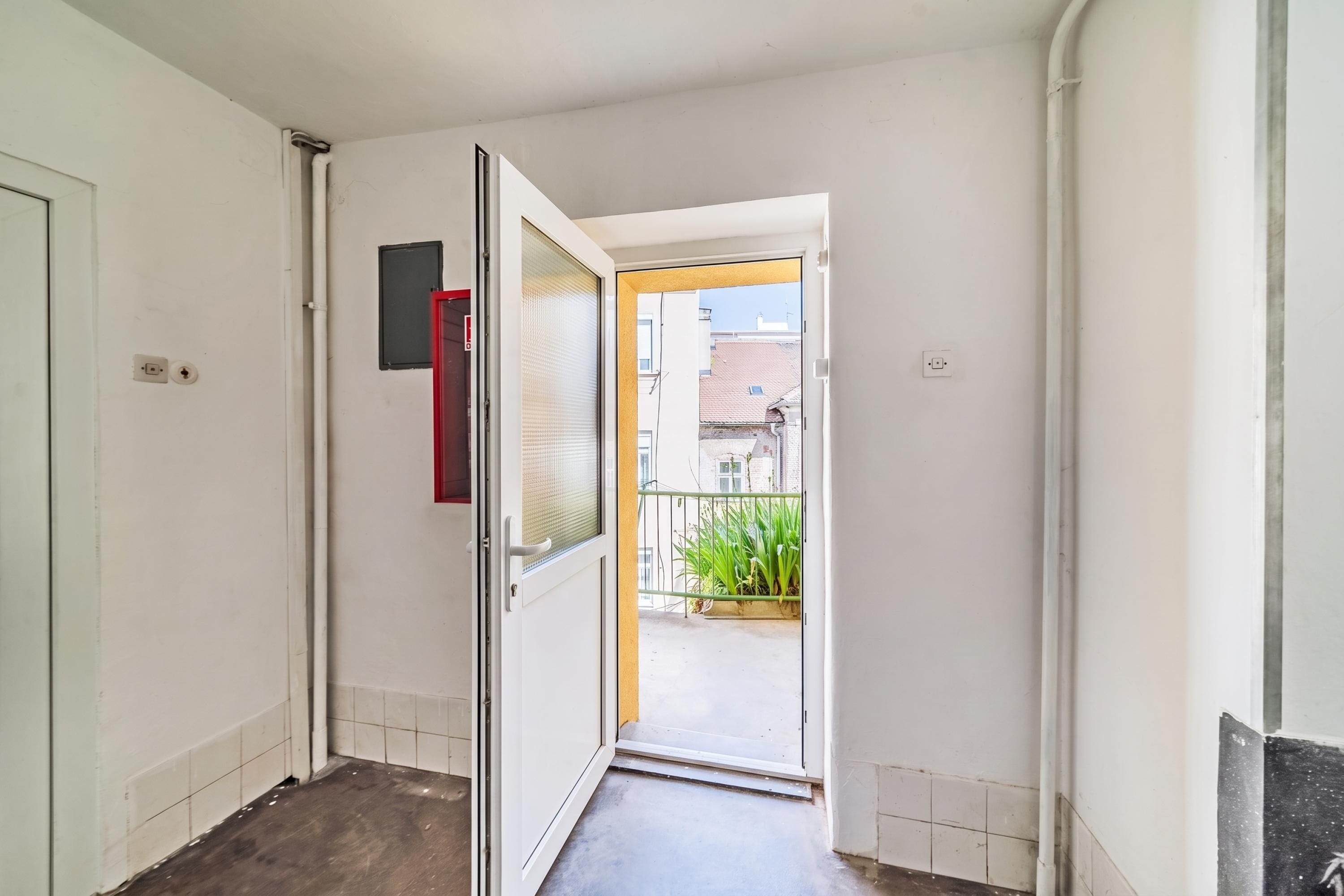 Un pasillo estrecho con una puerta que da a un balcón con vistas a edificios y plantas.