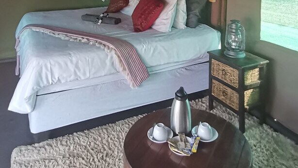 A bed with pillows, a bedside table with a lamp, and a window with a view. - Letaba Trails Camp- Greater Kruger (Phalaborwa)