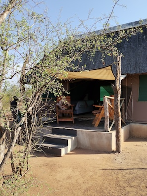 A thatched-roof structure with a covered outdoor seating area, a chair with a cushion, and a small step leading to the entrance.