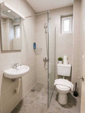Casa de banho moderna com cabine de duche em vidro, lavatório branco e sanita.