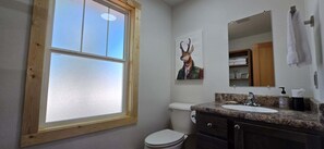 Ein Badezimmer mit Fenster, Toilette, Waschbecken mit Spiegel und Dekoration mit Hirschgeweih.