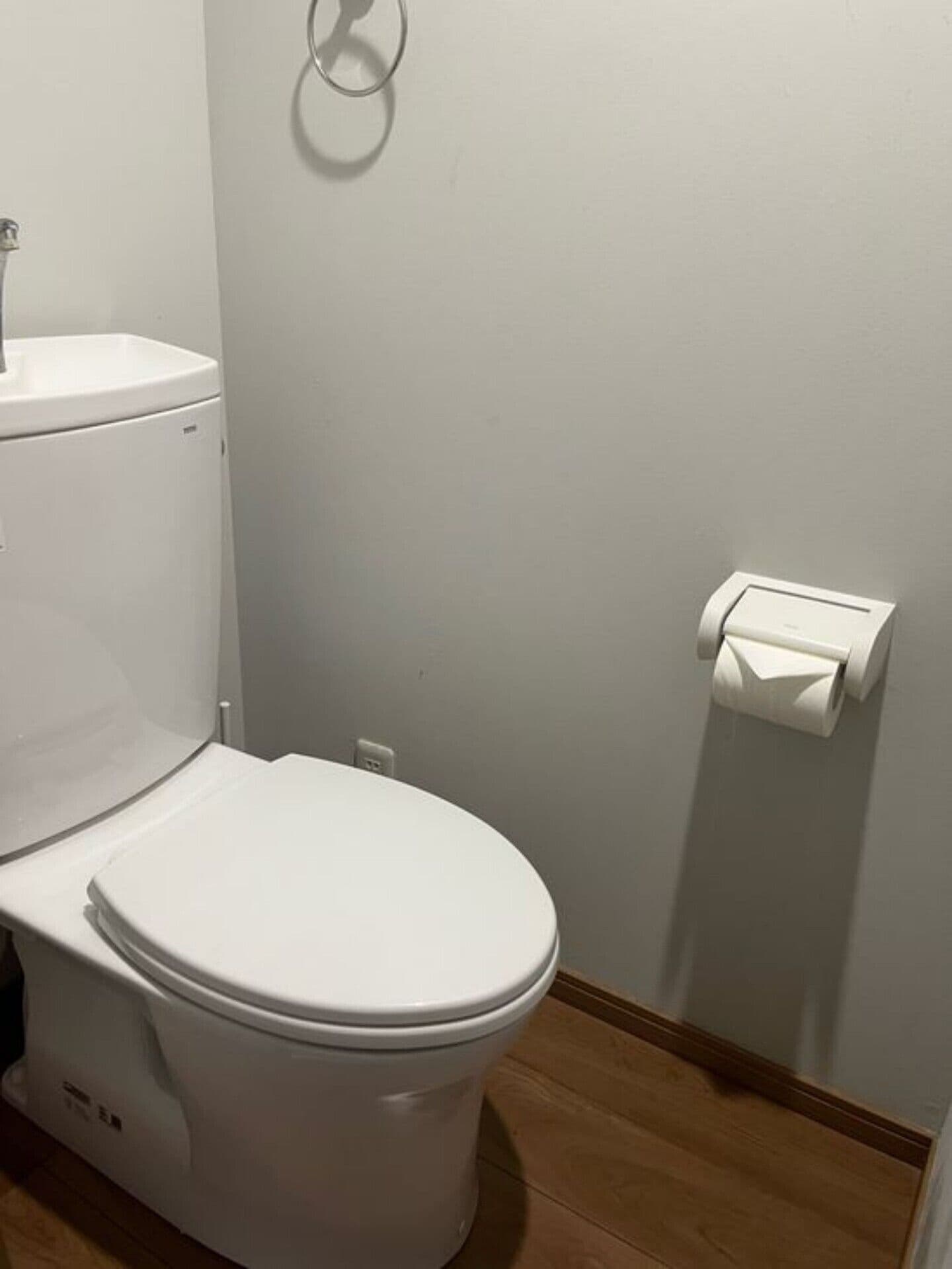 Inodoro blanco con tanque, dispensador de papel higiénico y accionador de descarga en la pared.