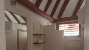 Un baño con techo de madera, inodoro, lavamanos con espejo y zona de ducha.