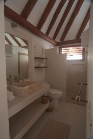 A bathroom with a wooden ceiling, a toilet, a sink with a mirror, and a shower area. - Tierra del Mar (Isla Holbox)