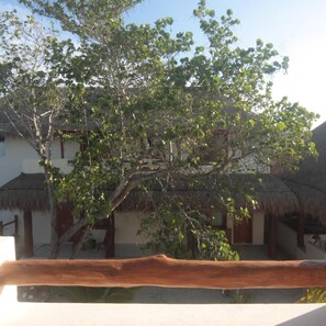 A building with a thatched roof and a tree in front. - Tierra del Mar (Isla Holbox)