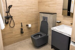 Shower, hair dryer, bidet, towels