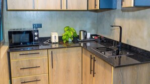 Una cocina con armarios de madera, microondas, tostadora, pileta y una planta pequeña.