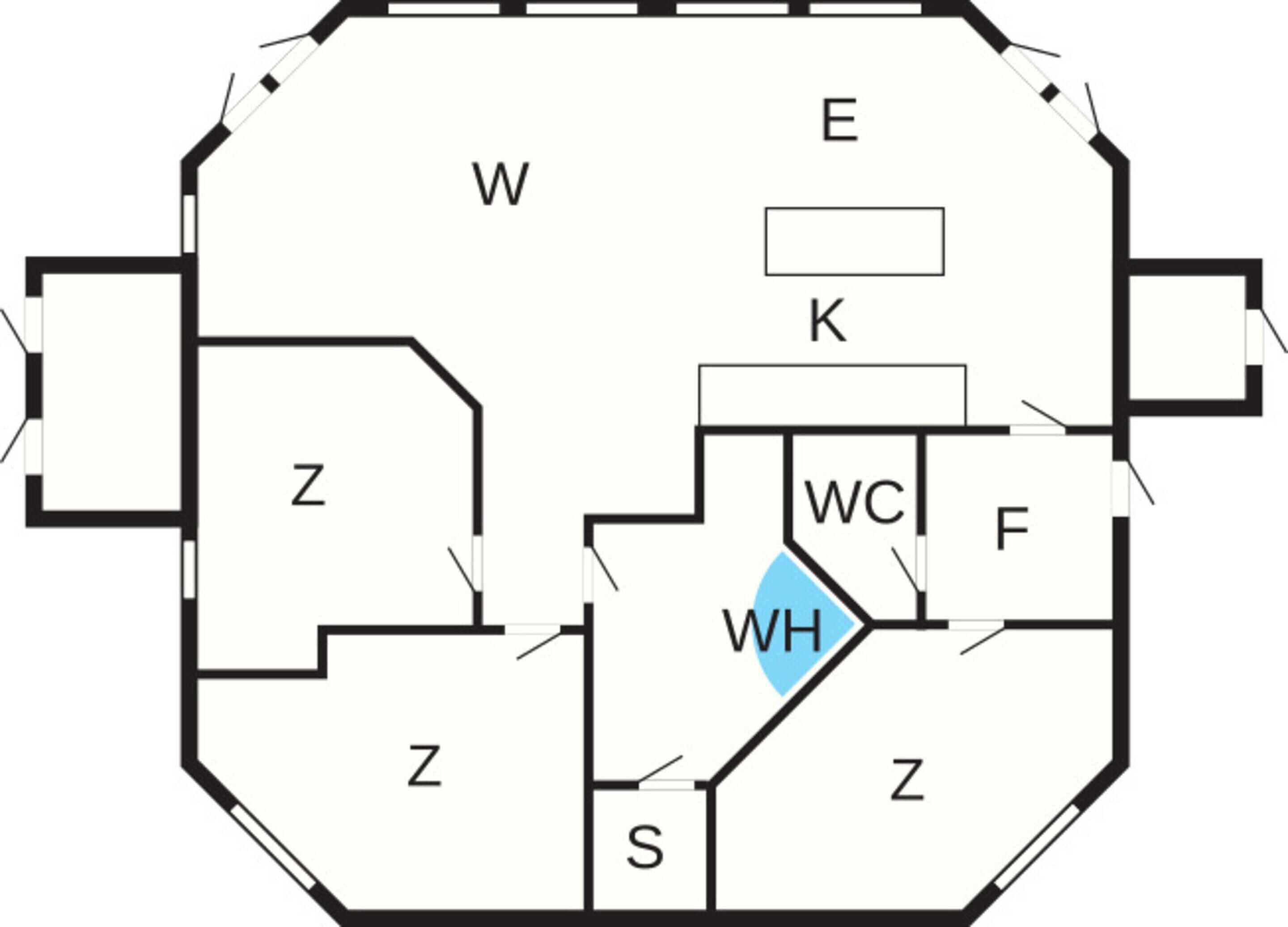 Ein Grundriss mit den Beschriftungen für die Räume Z, W, E, K, WC, WH, F und S.