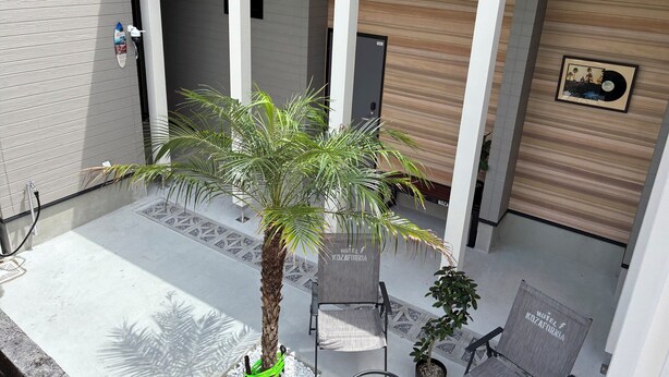 Exterior de hotel con una palmera, asientos al aire libre y una pared de madera con un cuadro enmarcado.