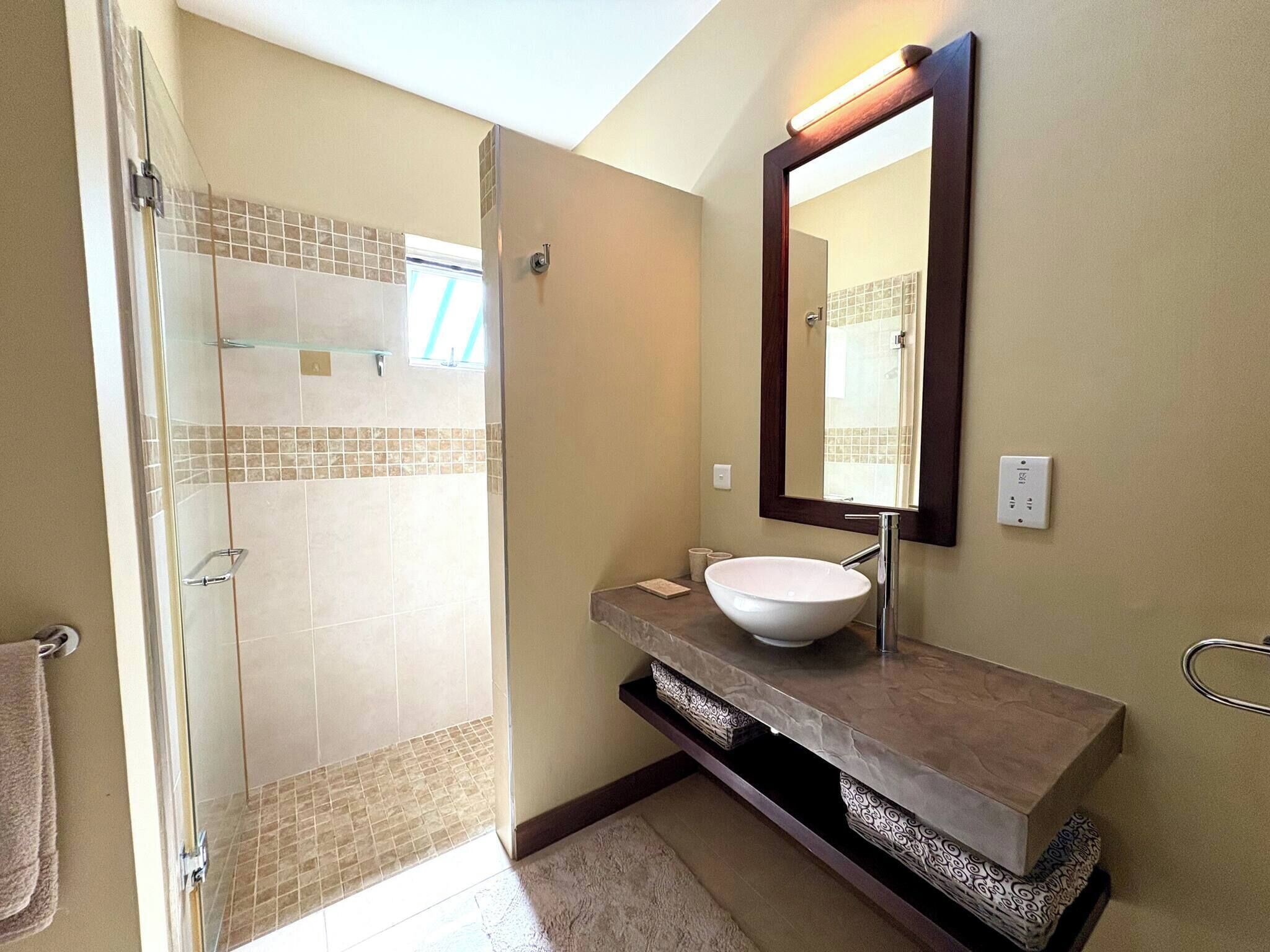 A bathroom with a glass shower enclosure, a white sink, and a large mirror.