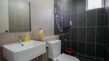 Shower, towels, toilet paper