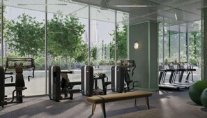 A modern gym with exercise equipment, a bench, and large windows offering a view of trees and buildings. - Urban-Luxury-reshaped Business District (Dubai)