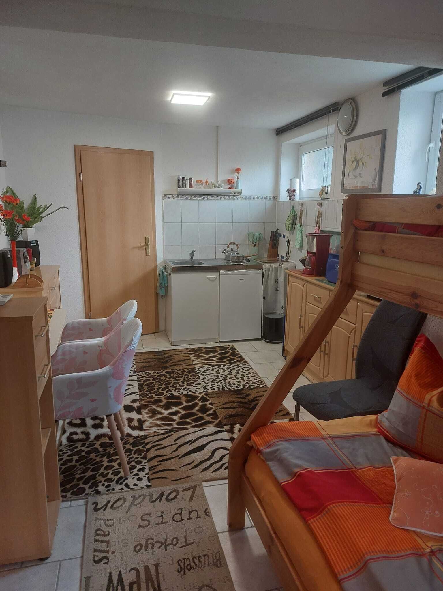 Ein kleiner Wohnraum mit Küchenzeile, einem Bett mit gemustertem Überwurf, einem Leopardenfell-Teppich und einer kleinen Arbeitsnische.