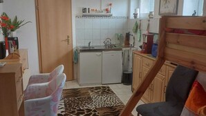 Un espacio habitable compacto con kitchenette, una cama con colcha estampada, alfombra de estampado de leopardo y una pequeña zona de escritorio.