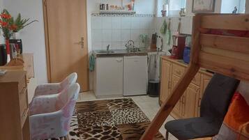 Ein kleiner Wohnraum mit Küchenzeile, einem Bett mit gemustertem Überwurf, einem Leopardenfell-Teppich und einer kleinen Arbeitsnische.