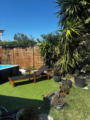 Ein Garten mit Pool, Liegestühlen und verschiedenen Kübelpflanzen.